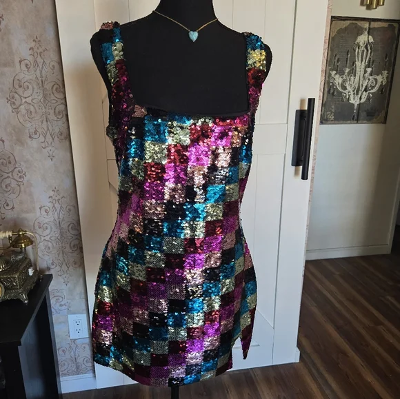 NASTY GAL Sequin Colorful Checkerboard Mini Dress Size 8 - Picture 7 of 14